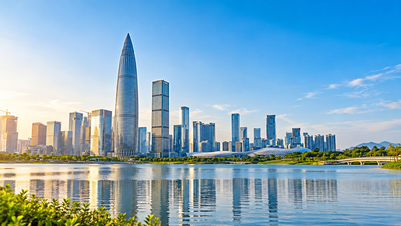 Shenzhen skyline reflected in the water at Talent Park